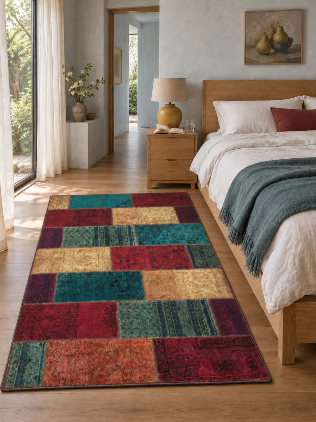 Persian Rey Patchwork Rug, 138x208 cm, mainly teal and red — In a room