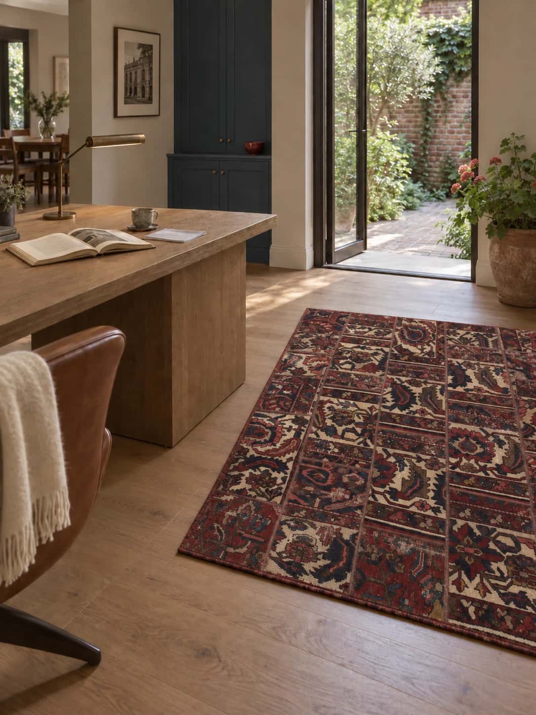 Persian Rey Patchwork Rug, 150x207 cm, mainly red and beige — In a room
