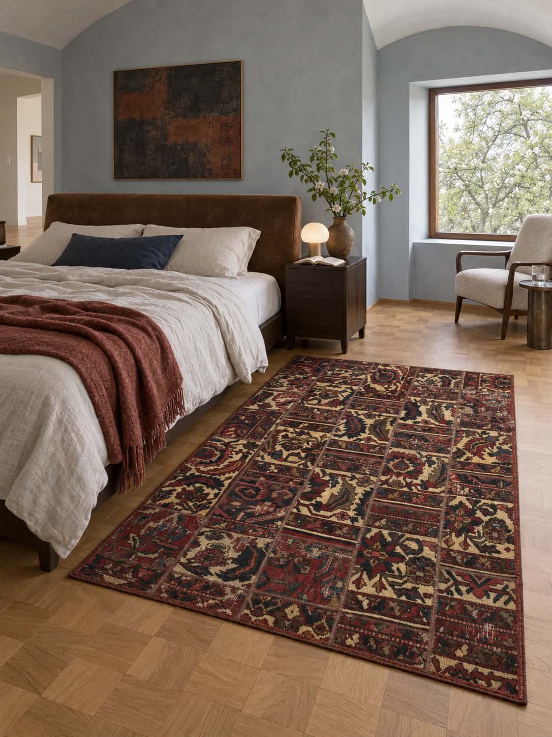 Persian Rey Patchwork Rug, 150x207 cm, mainly red and beige — In a room