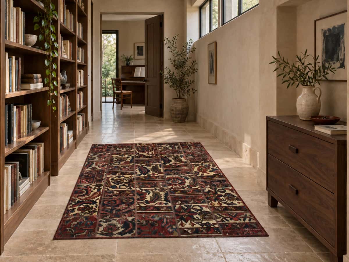 Persian Rey Patchwork Rug, 150x207 cm, mainly red and beige — In a room