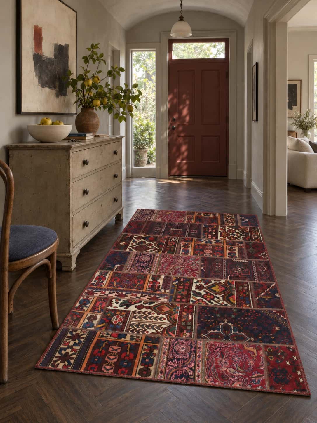 Persian Rey Patchwork Rug, 139x210 cm, mainly red — In a room