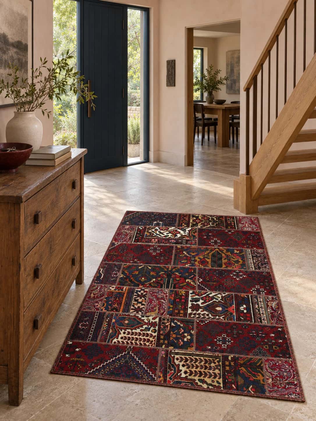 Persian Rey Patchwork Rug, 136x207 cm, mainly red — In a room