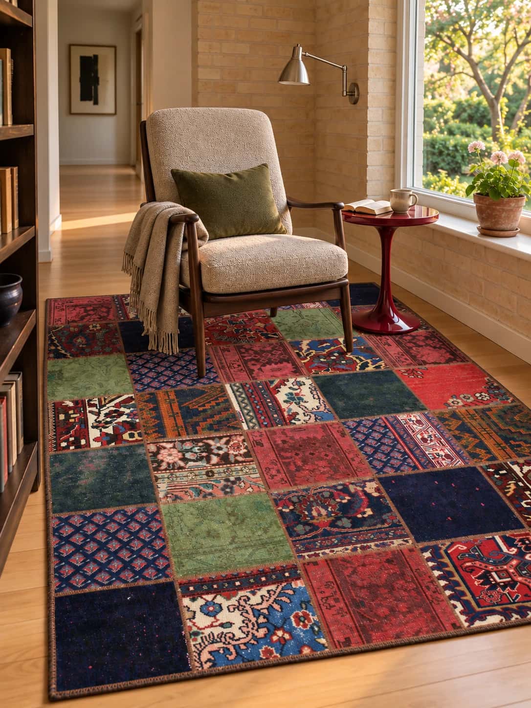 Persian Rey Patchwork Rug, 151x212 cm, mainly red and green — In a room