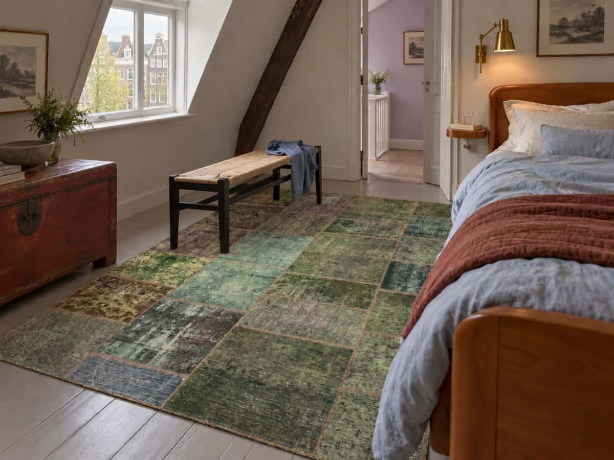 Persian Rey Patchwork Rug, 160x200 cm, mainly green — In a room