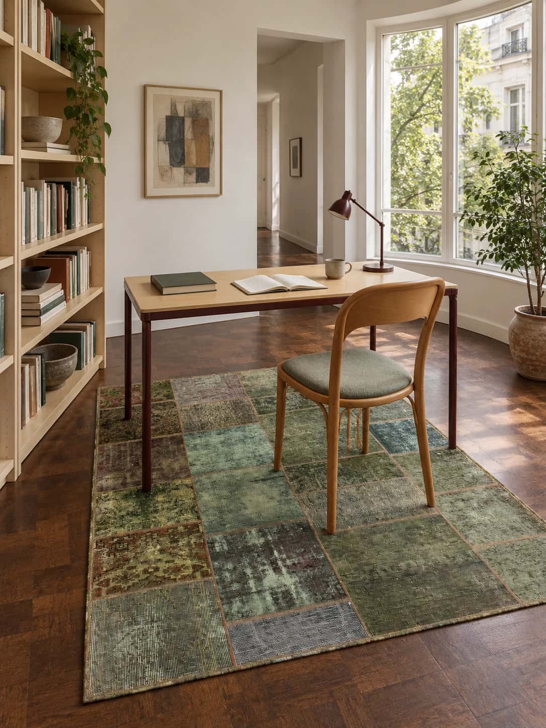 Persian Rey Patchwork Rug, 160x200 cm, mainly green — In a room