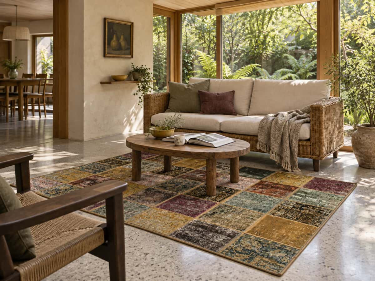 Perzisch patchwork tapijt Rey, 152x210 cm, overwegend groen en geel — In een kamer
