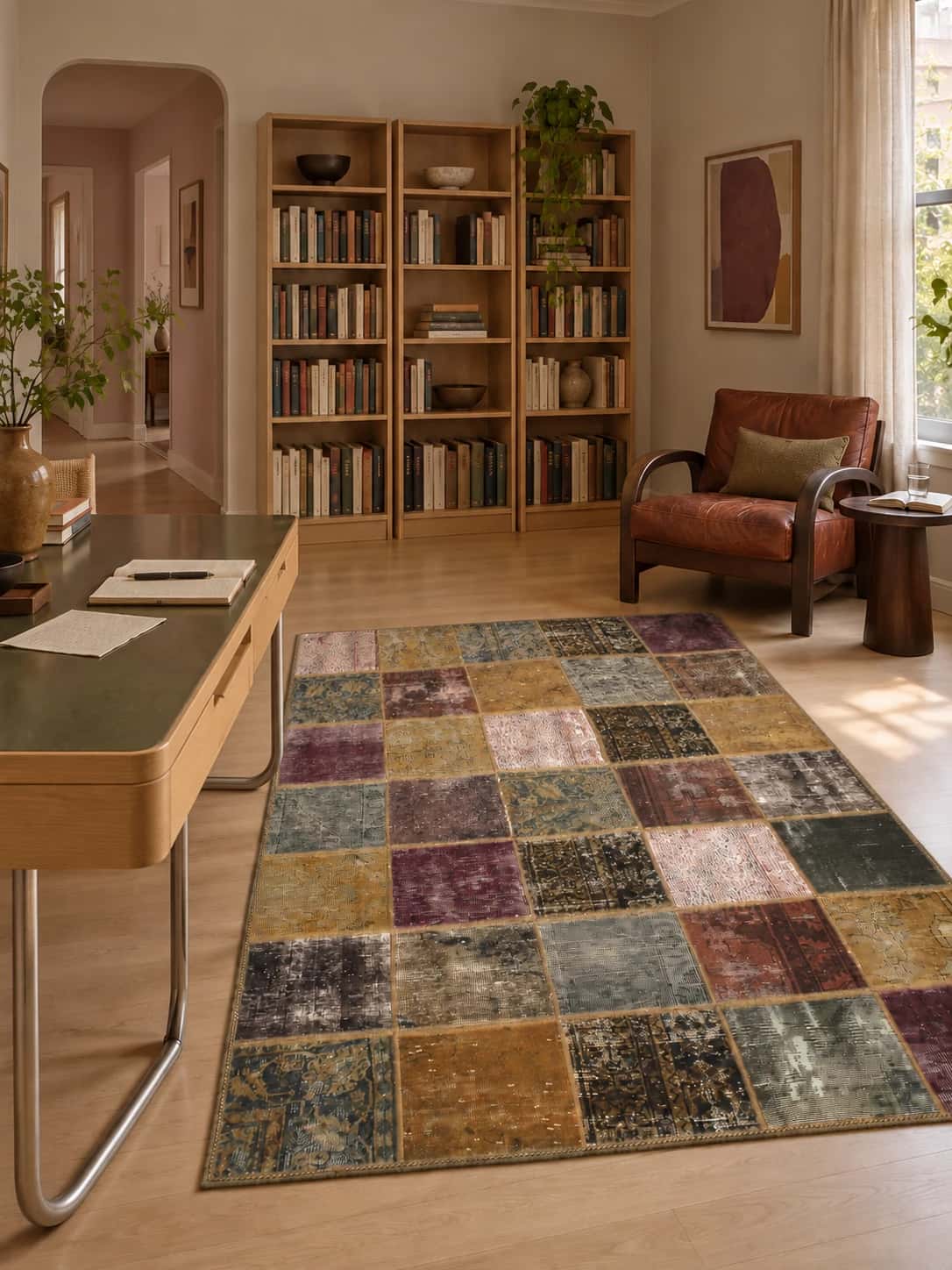 Persian Rey Patchwork Rug, 152x210 cm, mainly green and yellow — In a room