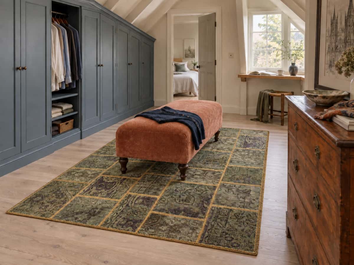 Perzisch patchwork tapijt Rey, 140x202 cm, overwegend groen — In een kamer