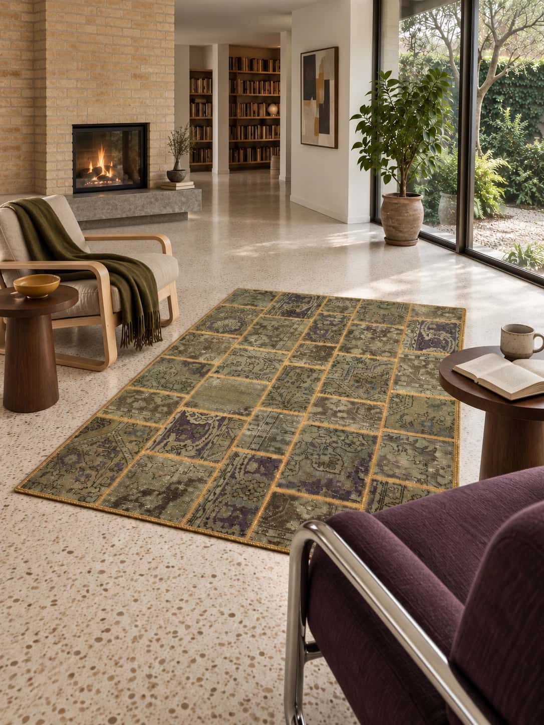Persian Rey Patchwork Rug, 140x202 cm, mainly green — In a room