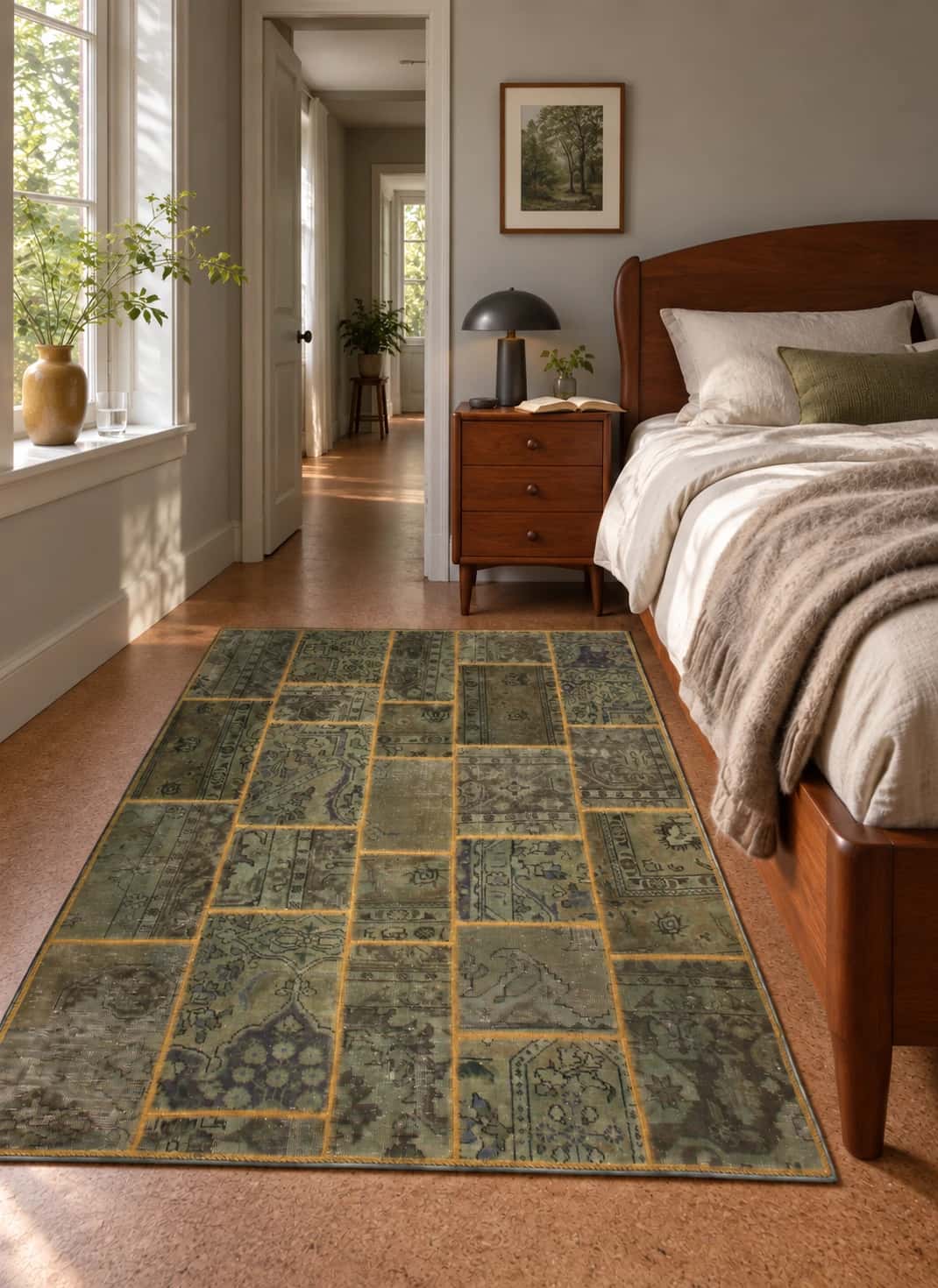 Alfombra patchwork persa Rey, 140x203 cm, principalmente en verde — En una habitación