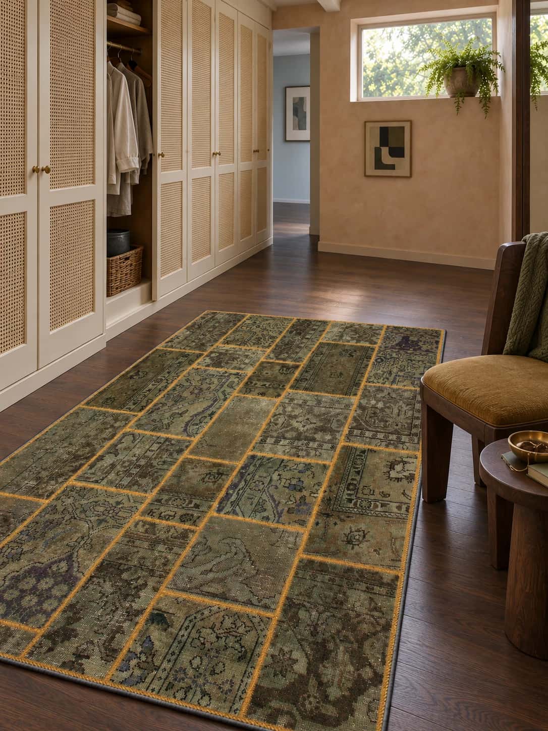 Alfombra patchwork persa Rey, 140x203 cm, principalmente en verde — En una habitación