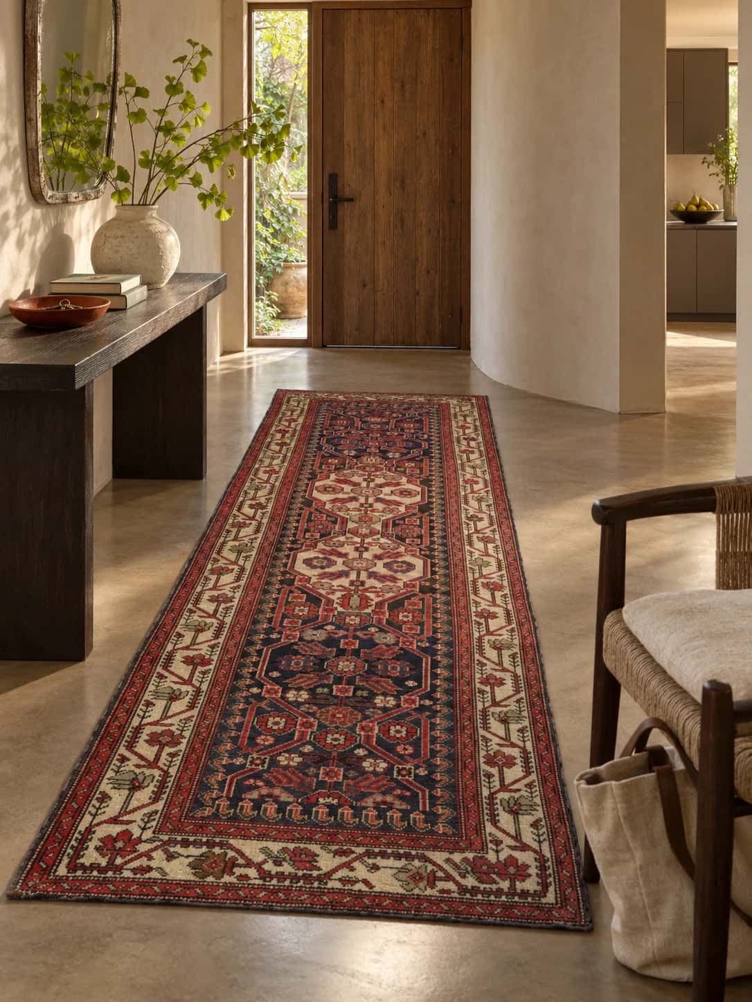 Persian rug, 113x281 cm, mainly red and beige — In a room