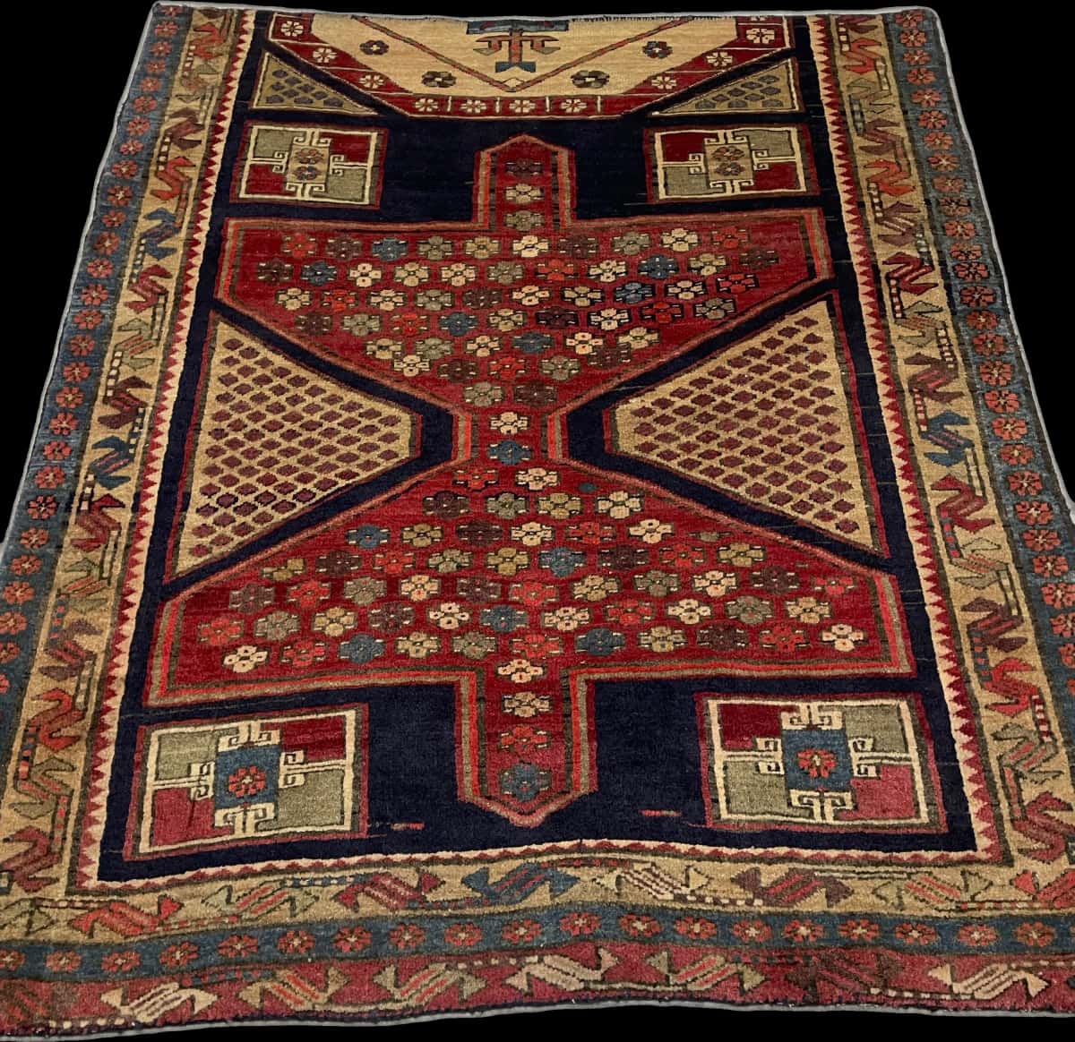 Persian rug of Meshginshahr style in dimensions 134 centimeters length by 116 centimeters width with mainly blue and red colors — Perspective
