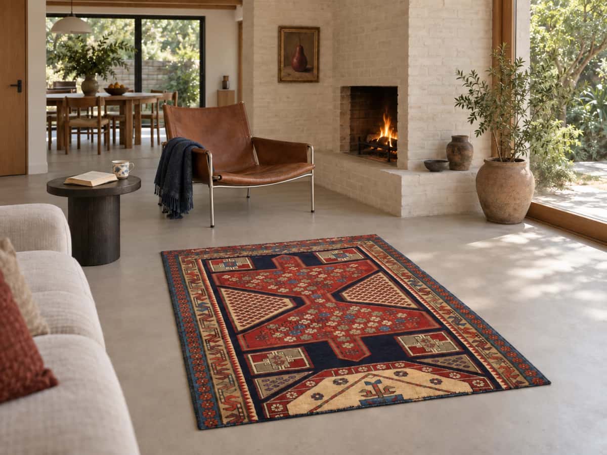 Persisk matta Meshginshahr, orientalisk, 116x134 cm, huvudsakligen röd — I ett rum