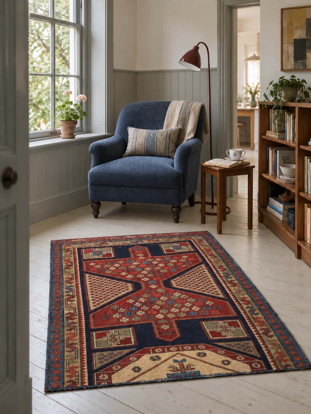 Persian Meshginshahr rug, oriental, 116x134 cm, mainly red — In a room