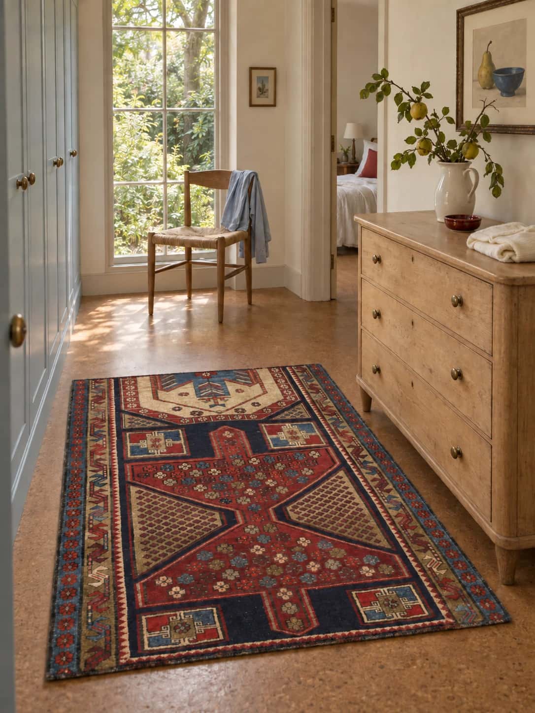 Persian Meshginshahr rug, oriental, 111x143 cm, mainly red and blue — In a room