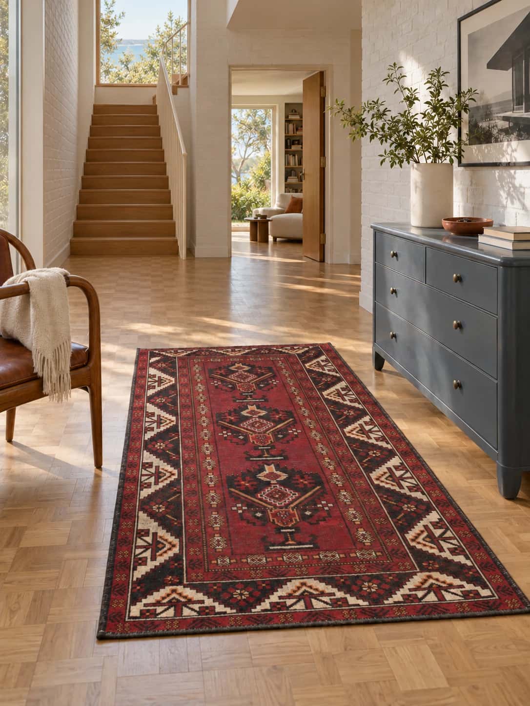 Persian rug, oriental, 125x221 cm, mainly red — In a room
