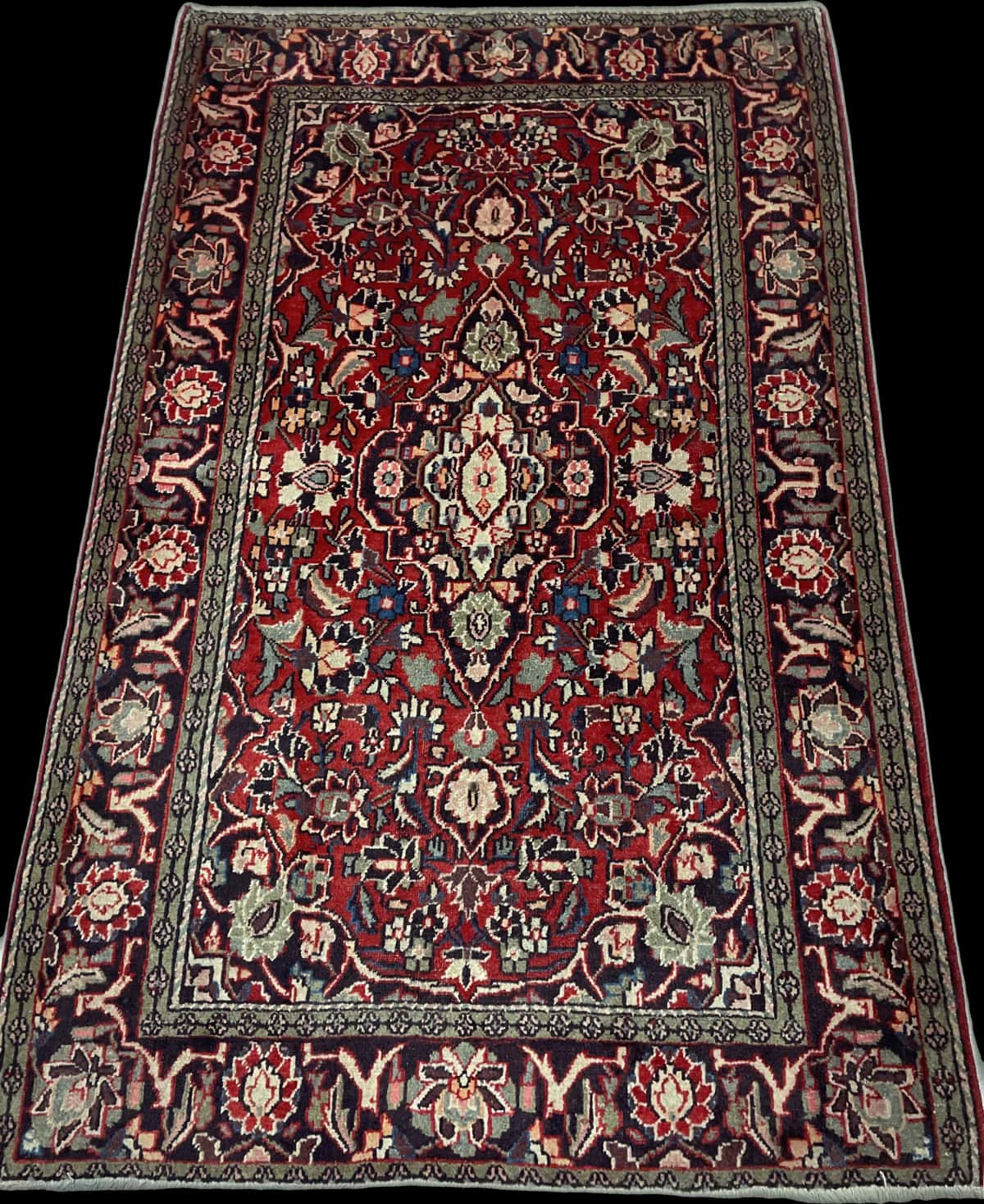 Persian rug of Aran va Bidgol style in dimensions 200 centimeters length by 125 centimeters width with mainly red and green colors — Perspective