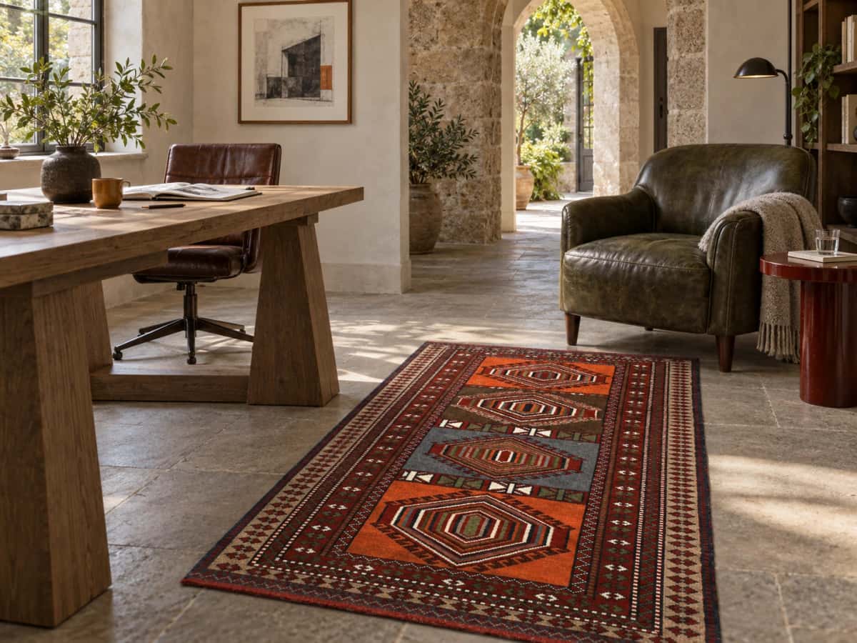 Persian Quchan rug, oriental, 105x175 cm, mainly red and orange — In a room