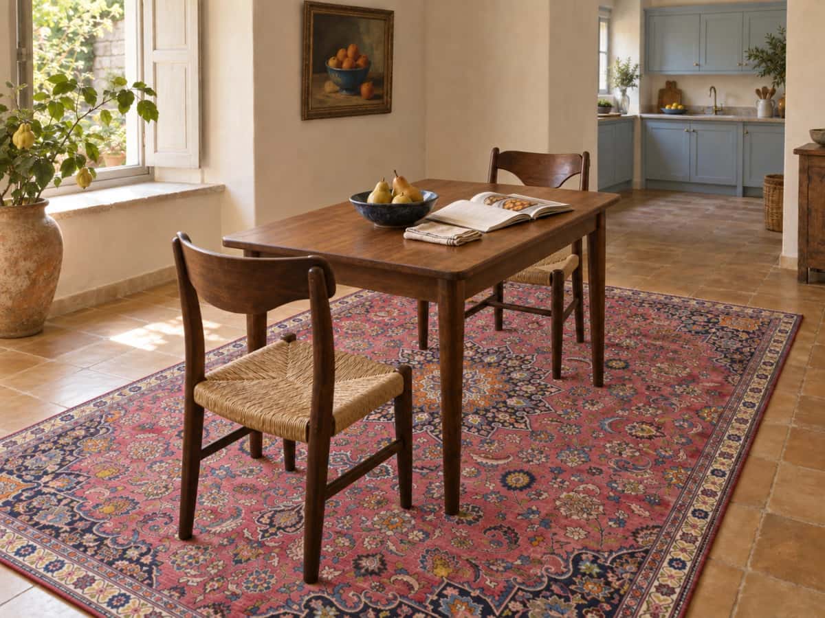 Persian rug, floral, 215x315 cm, mainly pink — In a room