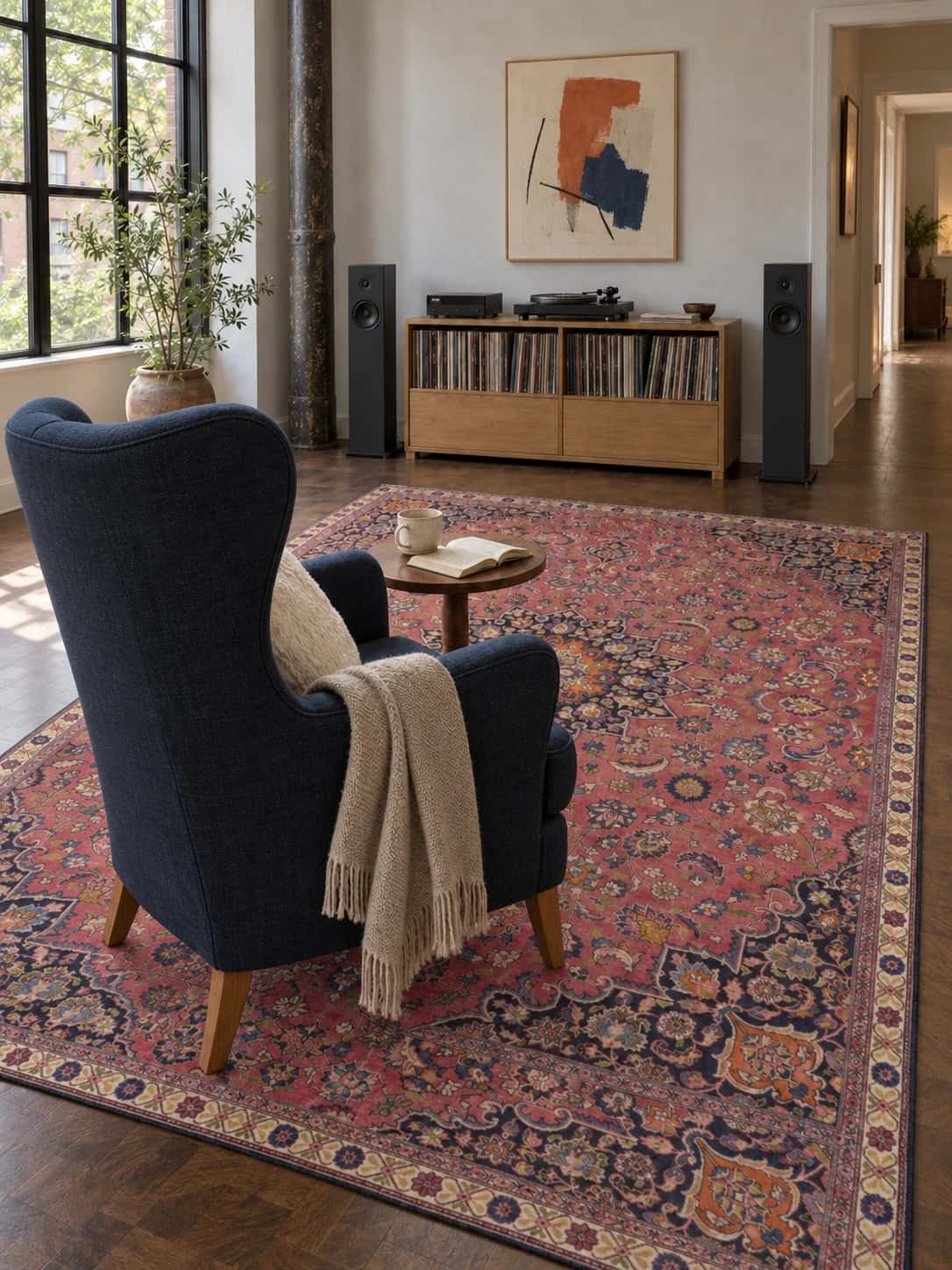 Persian rug, floral, 215x315 cm, mainly pink — In a room