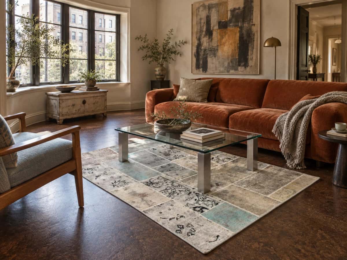 Persian Rey Patchwork Rug, 123x180 cm, mainly beige and green — In a room