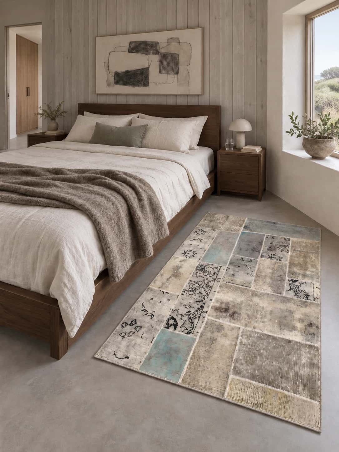 Persian Rey Patchwork Rug, 123x180 cm, mainly beige and green — In a room