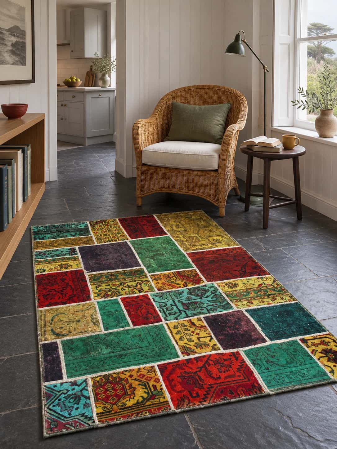Persian Rey Patchwork Rug, 136x200 cm, mainly red and green — In a room