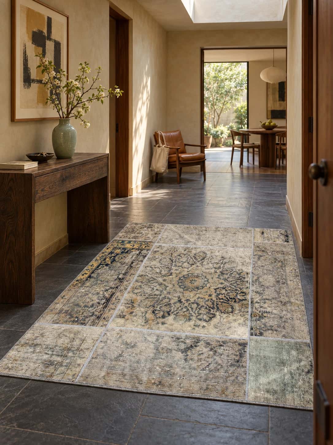 Persian Rey Patchwork Rug, 160x178 cm, mainly beige and cream — In a room