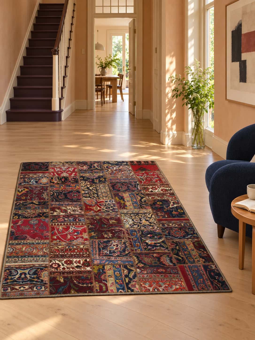 Persian Rey Patchwork Rug, 150x205 cm, mainly red — In a room