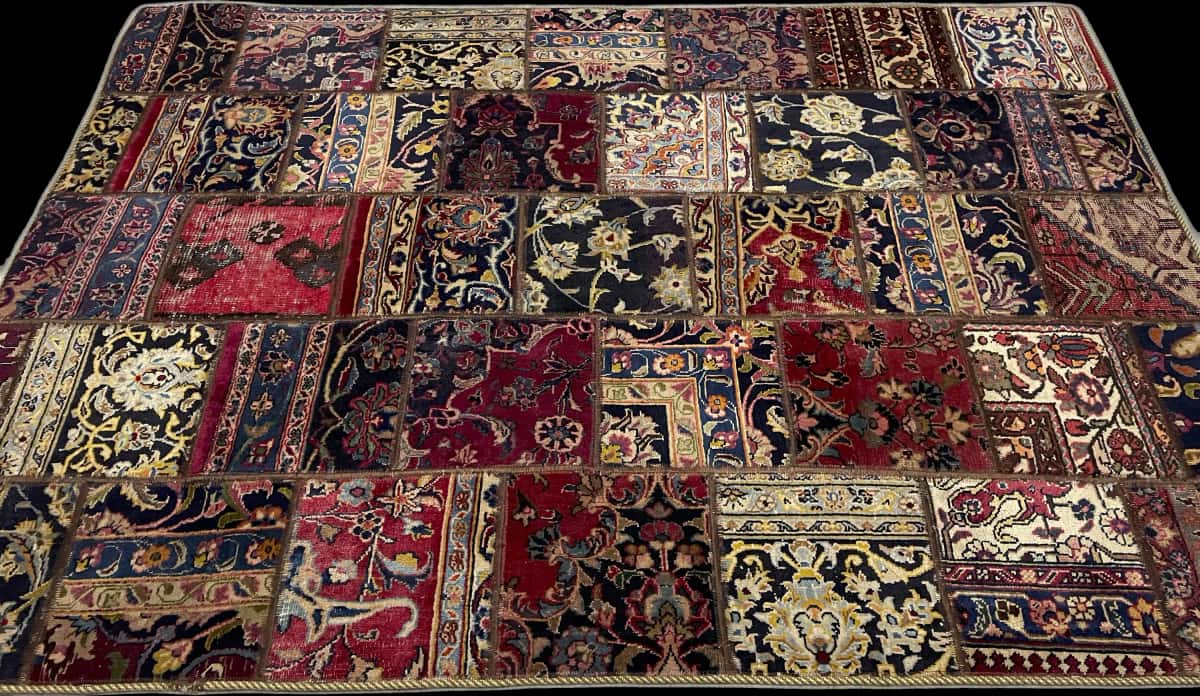 alfombra persa de estilo patchwork en dimensiones 206 centímetros de largo por 150 centímetros de ancho — Perspectiva