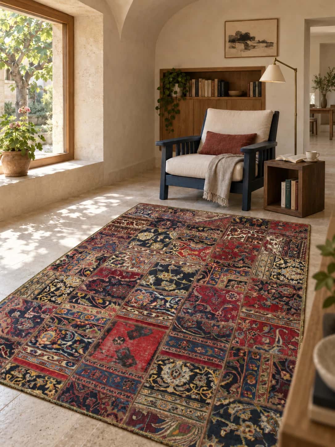 Persian Rey Patchwork Rug, 150x206 cm, mainly red — In a room