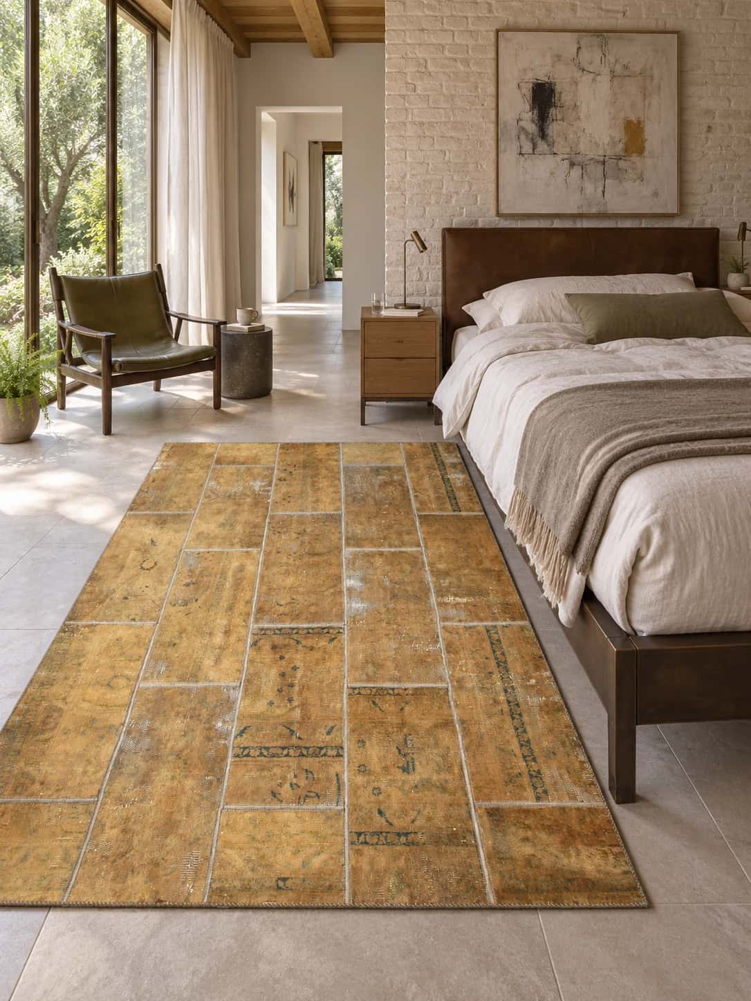 Persian Rey Patchwork Rug, 151x202 cm, mainly yellow — In a room