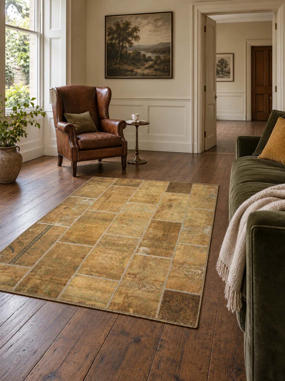 Alfombra patchwork persa Rey, 151x203 cm, principalmente en amarillo — En una habitación