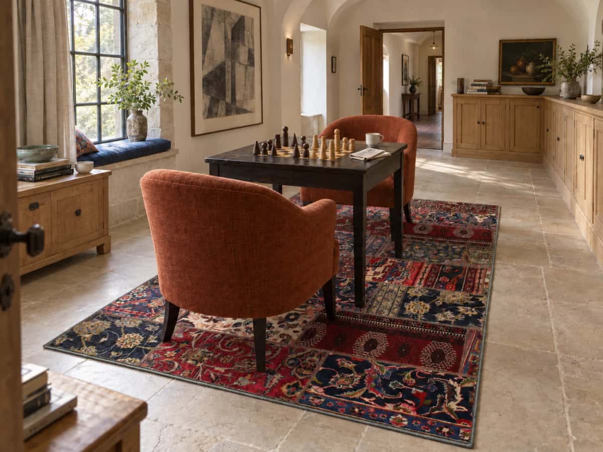 Perzisch patchwork tapijt kelim-sumak, 150x237 cm, overwegend rood — In een kamer