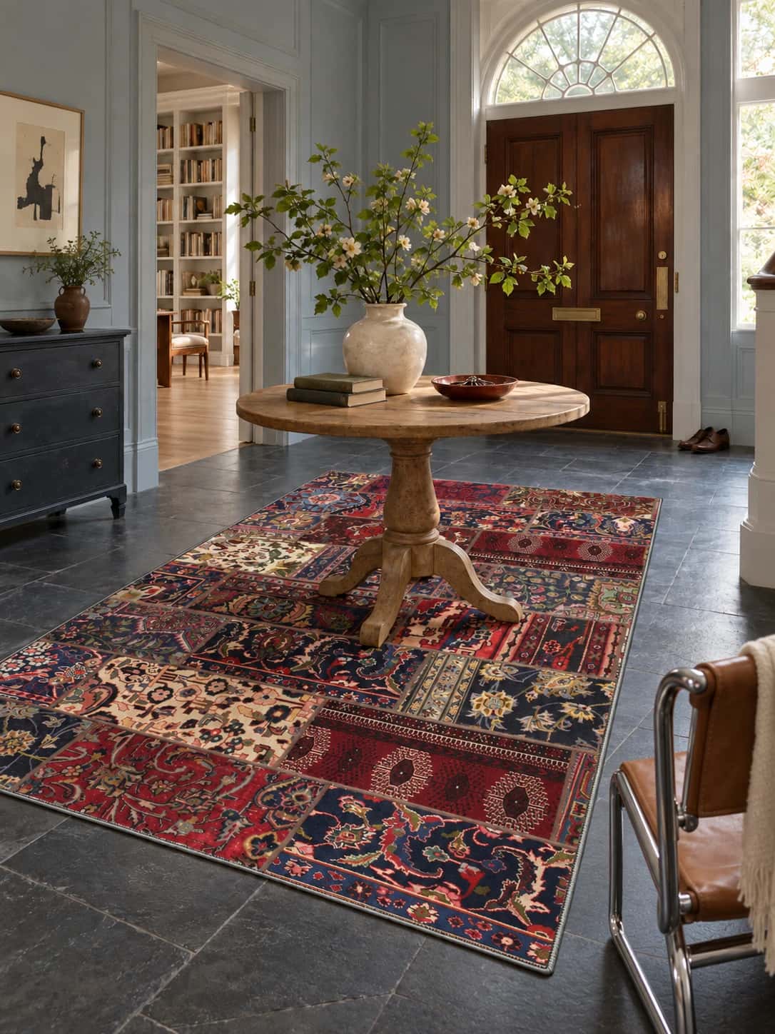 Persian Sumak Kilim Patchwork Rug, 150x237 cm, mainly red — In a room