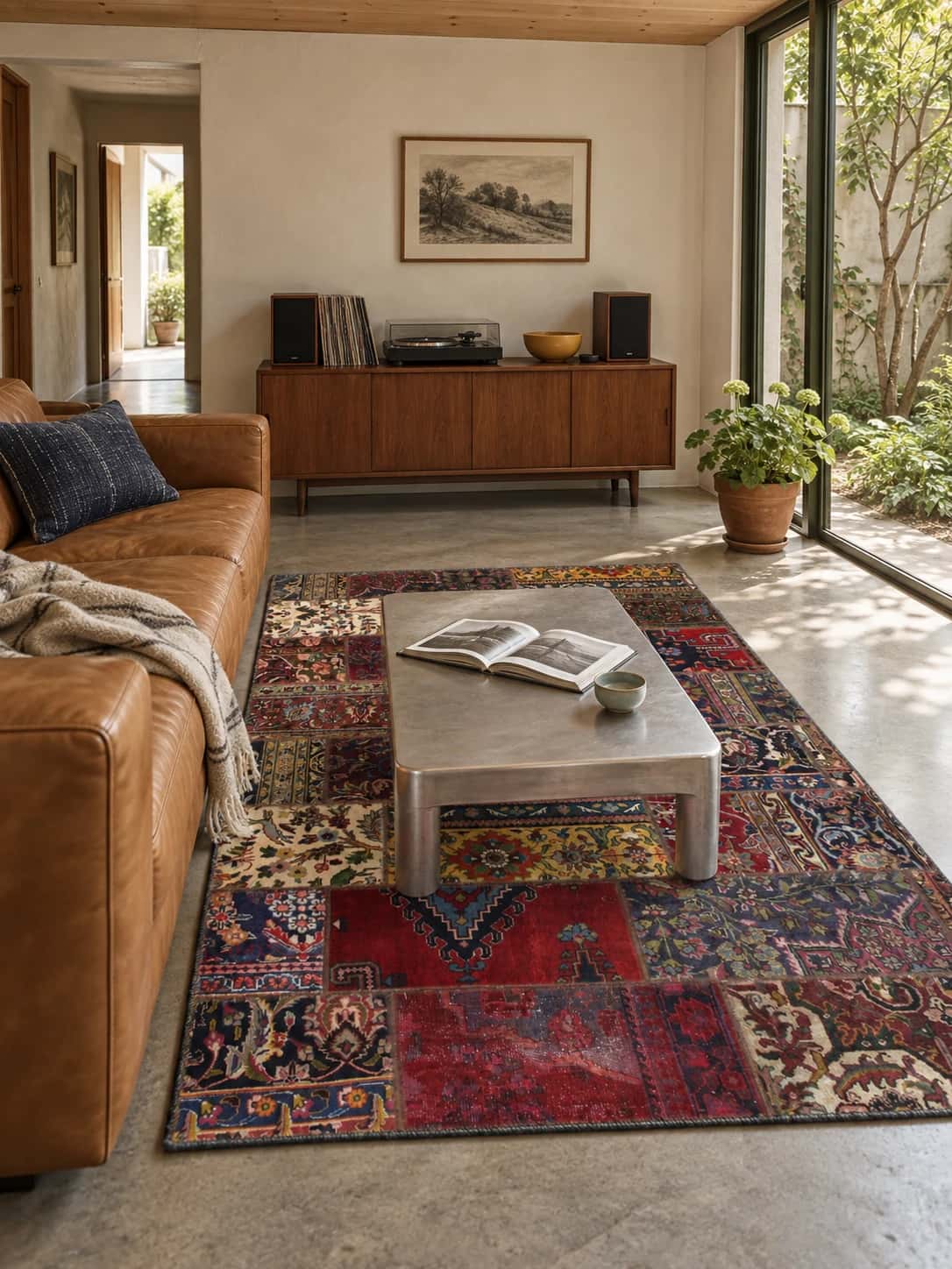 Persian Rey Patchwork Rug, 151x231 cm, mainly red and green — In a room
