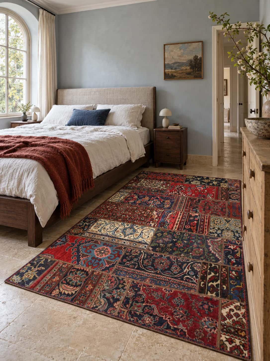 Persian Rey Patchwork Rug, 152x202 cm, mainly red and blue — In a room