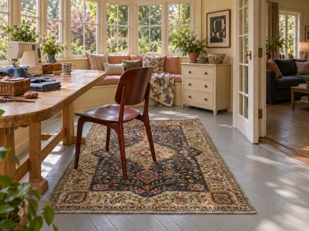 Persian Tabriz rug, vintage, 110x153 cm, mainly green and blue — In a room
