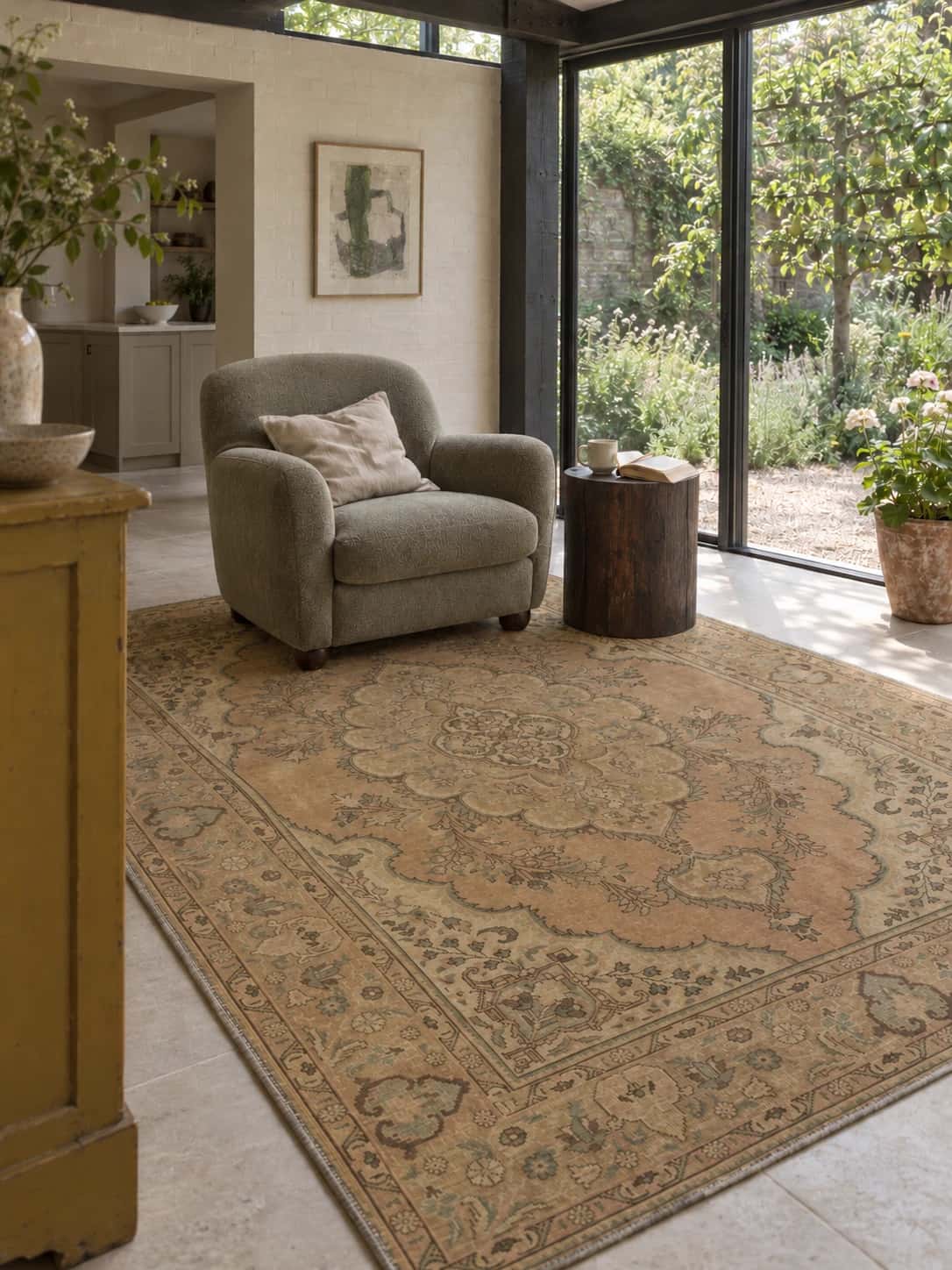 Persian rug, floral, 200x284 cm, mainly beige — In a room