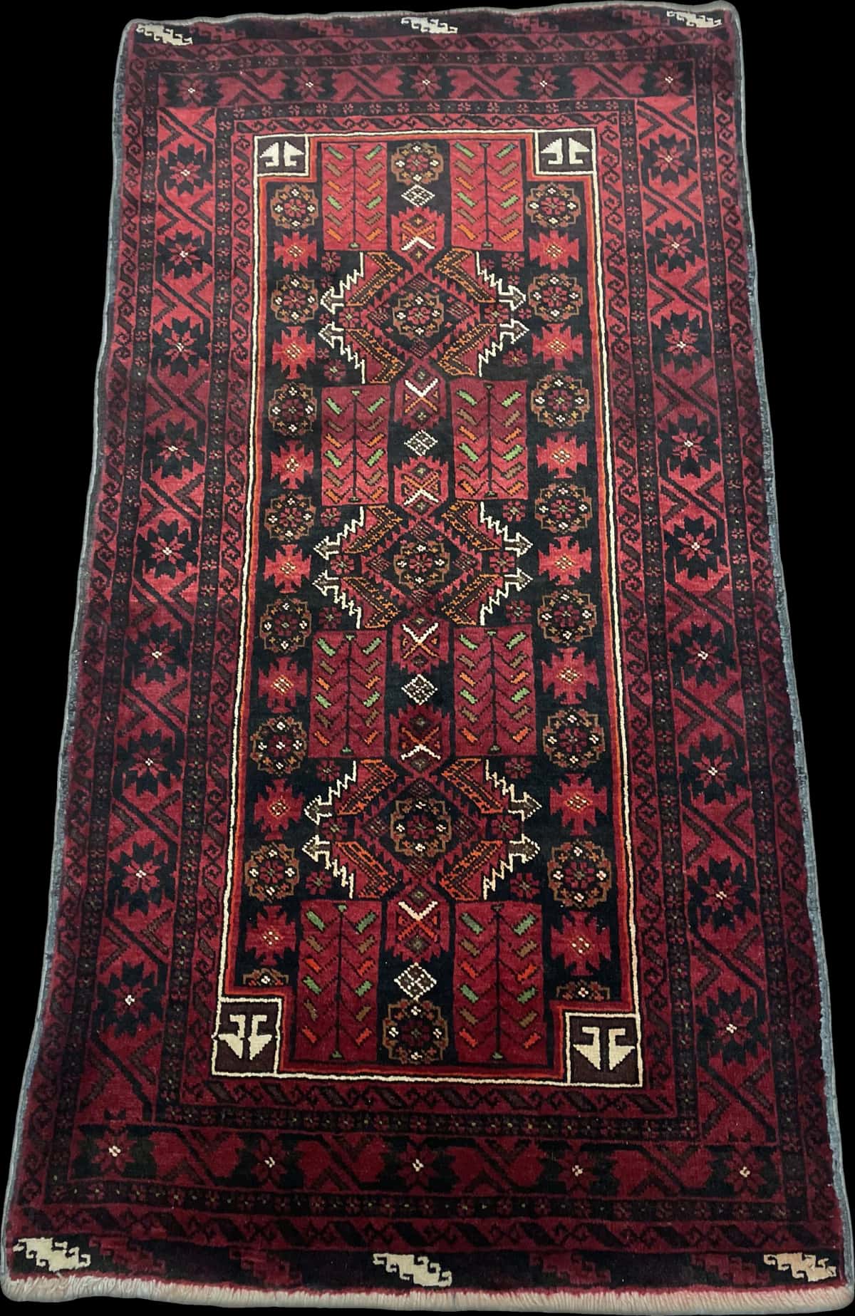 Persian rug of Baluch style in dimensions 212 centimeters length by 110 centimeters width with mainly red colors — Perspective