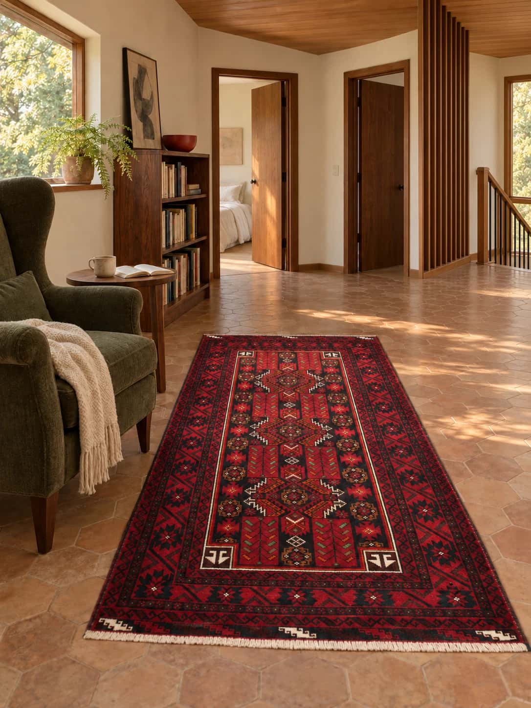 Persian Baluch rug, oriental, 110x212 cm, mainly red — In a room