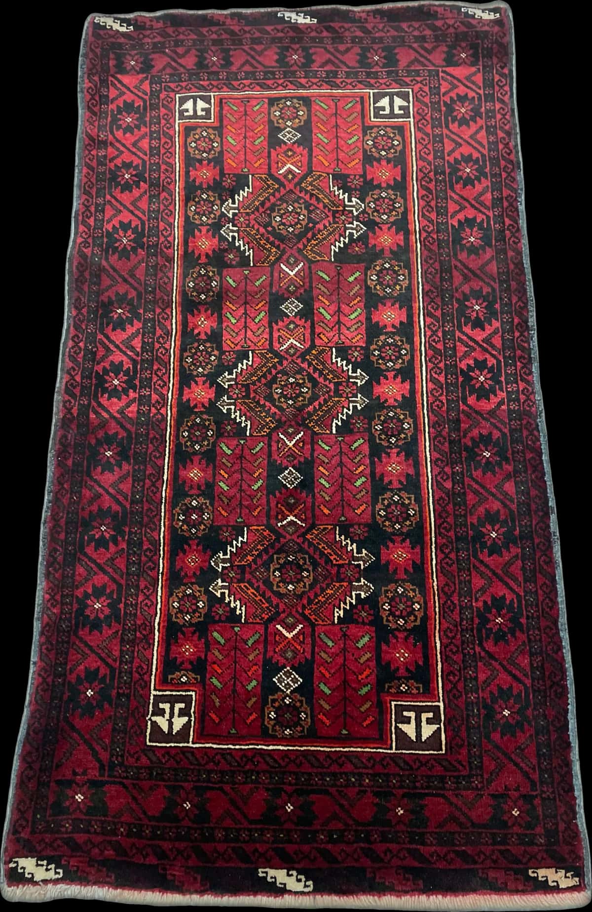 Persian rug of Baluch style in dimensions 212 centimeters length by 110 centimeters width with mainly red colors — Perspective