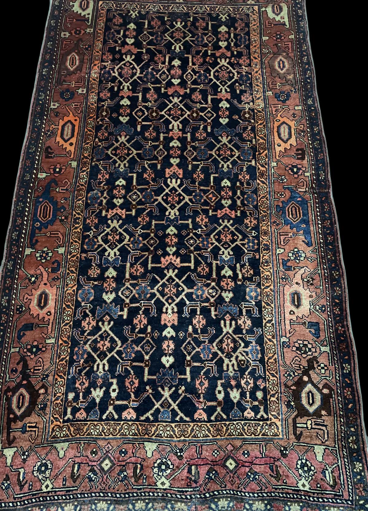 Persian rug of Borujerd style in dimensions 244 centimeters length by 130 centimeters width with mainly blue and brown colors — Perspective