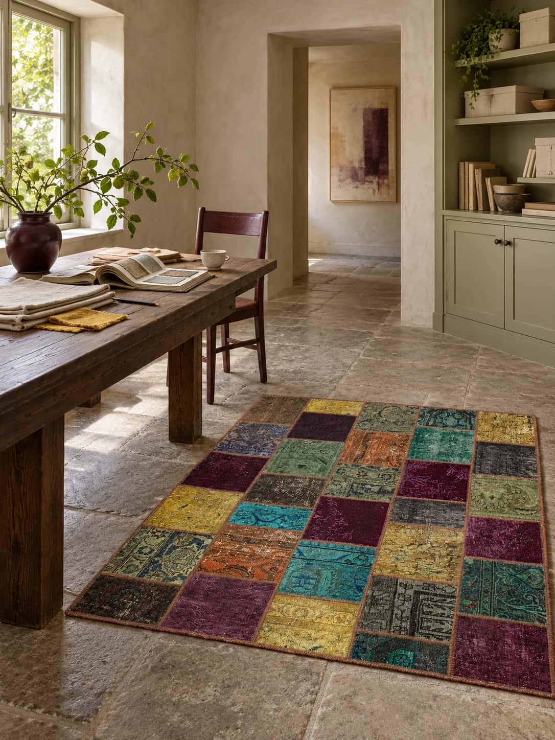 Persischer Patchwork-Teppich Rey, 150x172 cm, überwiegend in Grün und Lila — Im Raum