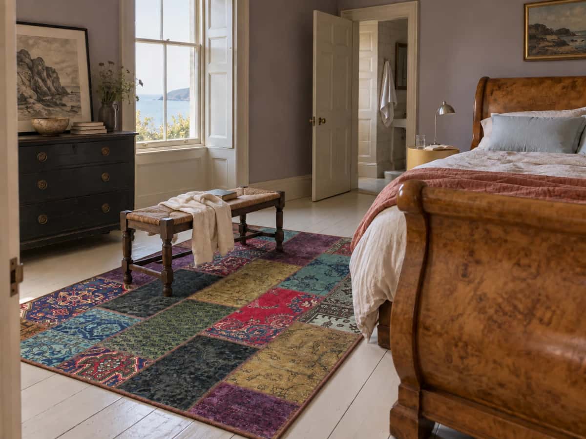 Alfombra patchwork persa Rey, 152x205 cm, de colores variados — En una habitación