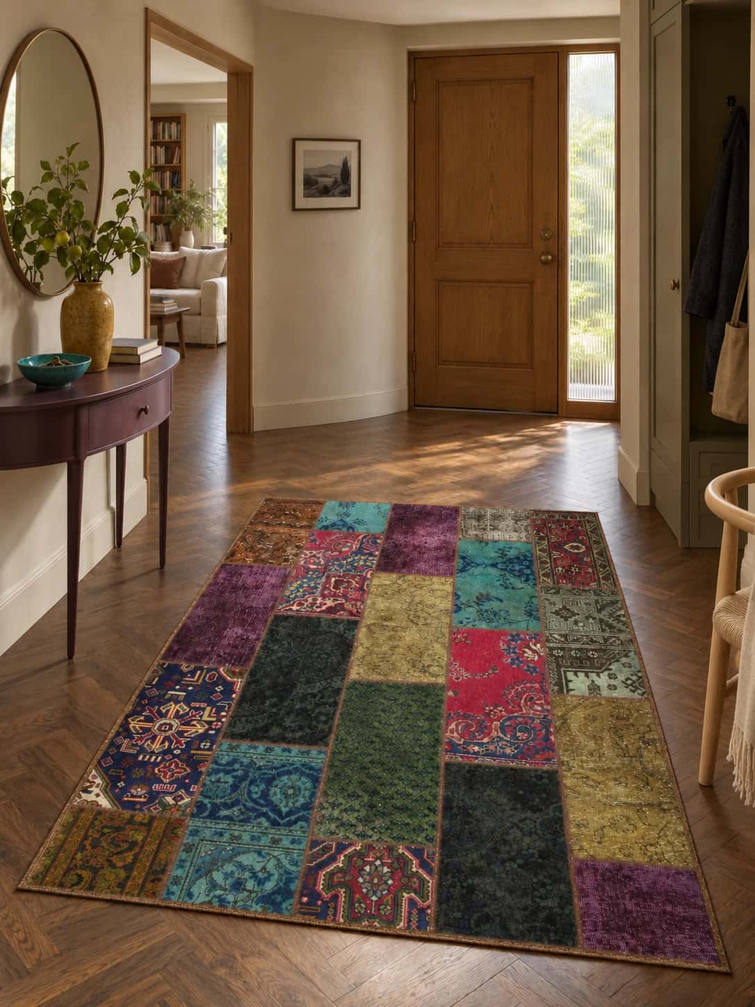 Alfombra patchwork persa Rey, 152x205 cm, de colores variados — En una habitación