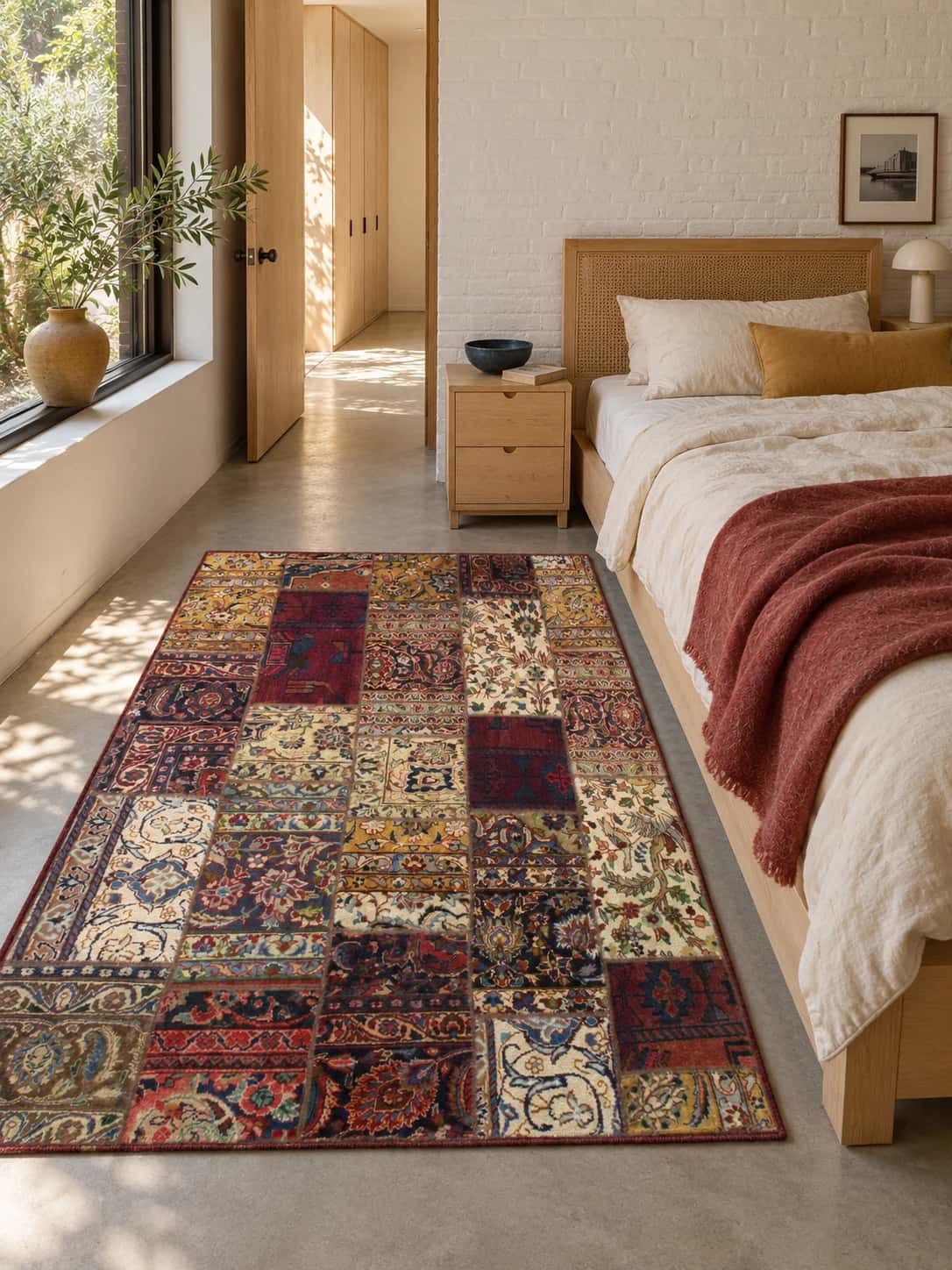 Alfombra patchwork persa Rey, 151x207 cm, principalmente en rojo y amarillo — En una habitación