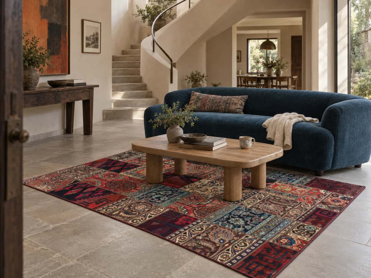 Alfombra patchwork persa Rey, 147x200 cm, principalmente en rojo — En una habitación