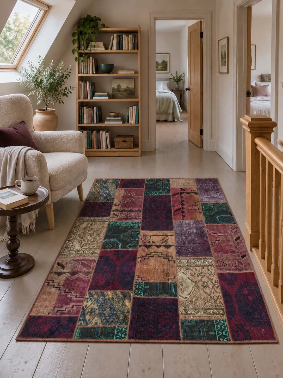 Persian Rey Patchwork Rug, 150x206 cm, mainly green and purple — In a room